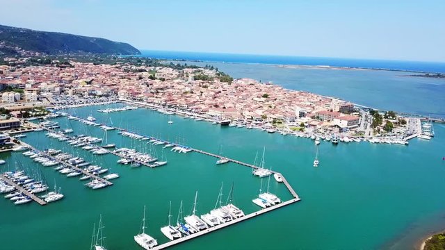 Aerial drone bird's eye view video from popular and picturesque main town of Lefkada island, Ionian, Greece