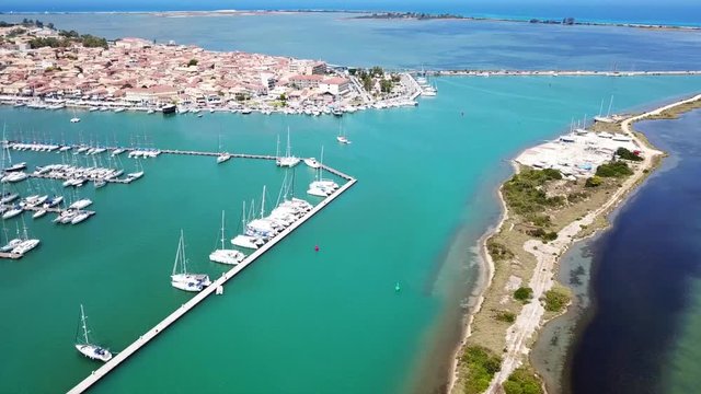 Aerial drone bird's eye view video from popular and picturesque main town of Lefkada island, Ionian, Greece