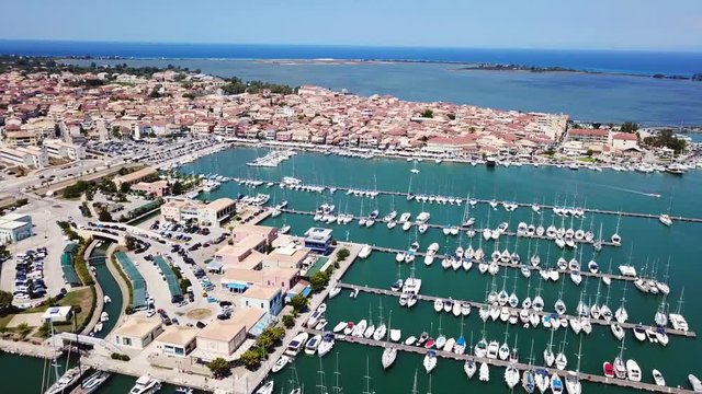 Aerial drone bird's eye view video from popular and picturesque main town of Lefkada island, Ionian, Greece
