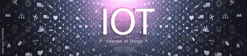 Poster internet of things (iot) and networking concept for connected devices. spider web of network connect