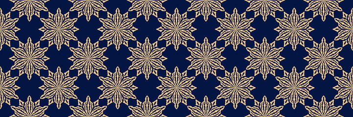Floral seamless pattern. Golden design on long dark blue background
