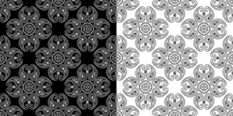 Monochrome seamless patterns compilation. Black and white backgrounds in indian style