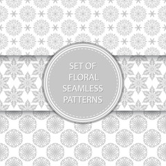 Gray and white floral seamless patterns. Compilation of designs with flowers