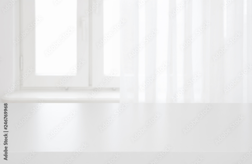 Canvas Prints white table top on blurred pastel background of curtained window
