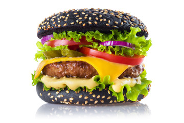 Delicious black burger, isolated on white background