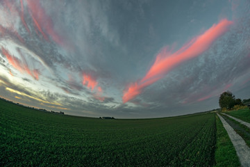 Wide angle view of the dutch countryside after sunset. It was mainly cloudy on this late autumn afternoon, but just after sunset the sun could shine on these cirrus clouds.....