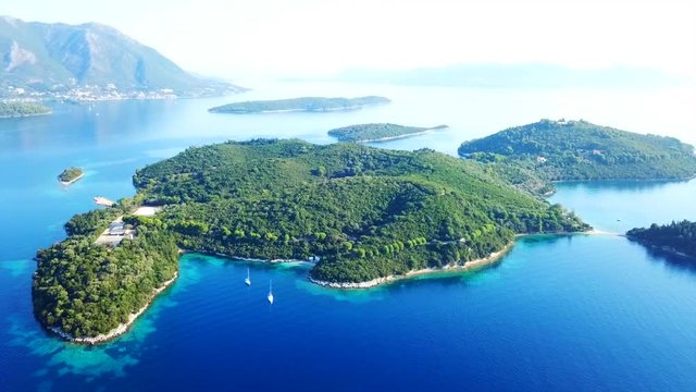 Aerial drone bird's eye view video of iconic island of Skorpios, Lefkada island, Ionian, Greece