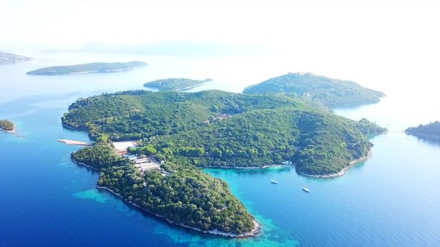 Aerial drone bird's eye view video of iconic island of Skorpios, Lefkada island, Ionian, Greece