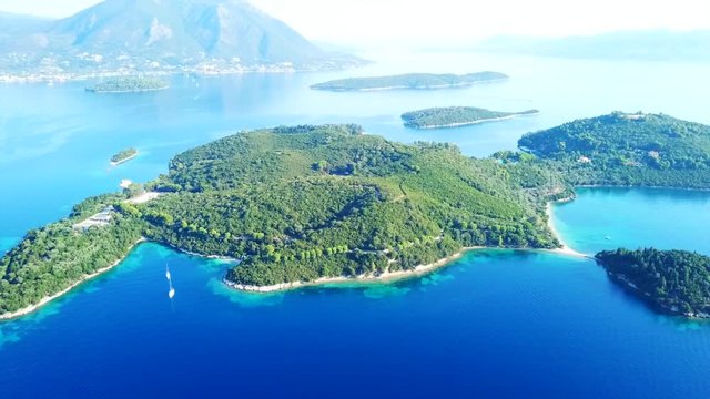 Aerial drone bird's eye view video of iconic island of Skorpios, Lefkada island, Ionian, Greece