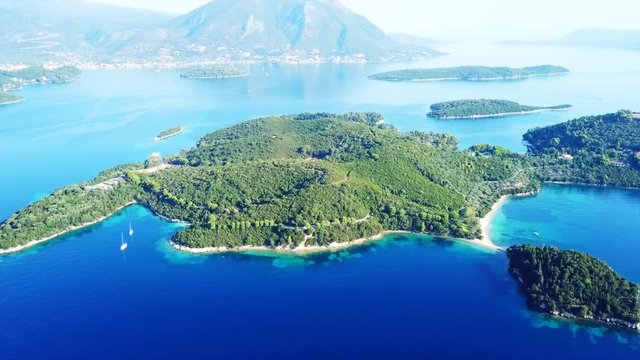 Aerial drone bird's eye view video of iconic island of Skorpios, Lefkada island, Ionian, Greece