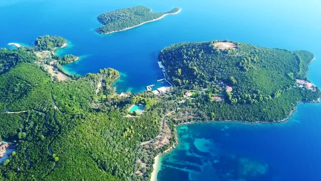 Aerial drone bird's eye view video of iconic island of Skorpios, Lefkada island, Ionian, Greece