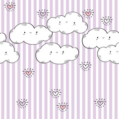 Seamless pattern with funny clouds and hearts for kids textiles, wallpapers, gift wraps and scrapbook. Background with colored stripes. Vector.