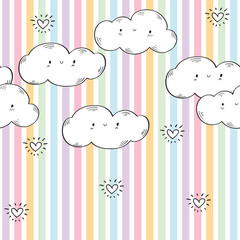 Seamless pattern with funny clouds and hearts for kids textiles, wallpapers, gift wraps and scrapbook. Background with colored stripes. Vector.