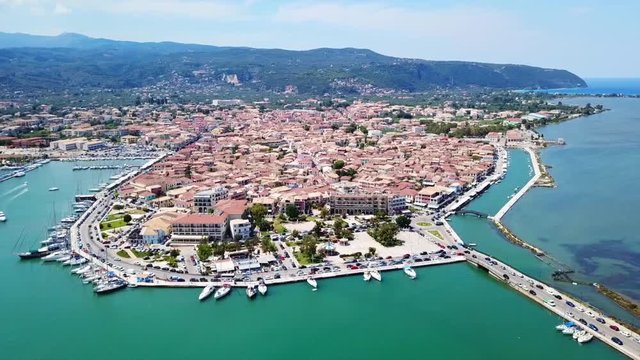 Aerial drone bird's eye view video from popular and picturesque main town of Lefkada island, Ionian, Greece