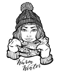 Vector illustration. Beautiful art portrait a girl in winter clothes. Handmade prints on T-shirts, tattoos, coloring for children and adults