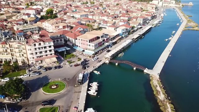 Aerial drone bird's eye view video from popular and picturesque main town of Lefkada island, Ionian, Greece