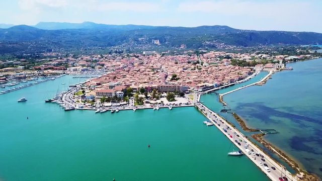 Aerial drone bird's eye view video from popular and picturesque main town of Lefkada island, Ionian, Greece