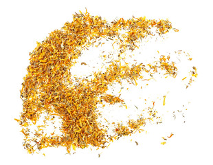 Dry calendula petals isolated on white background, top view.