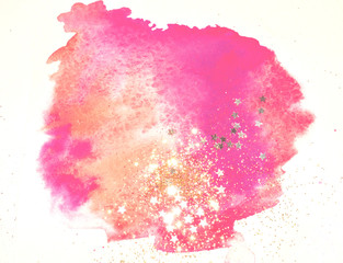 Golden glitter and glittering stars on abstract pink watercolor splash in vintage nostalgic colors.
