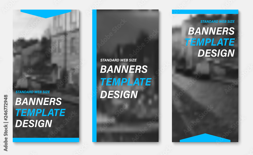 Poster Templates for vertical web banners with blue design elements and space for photo.