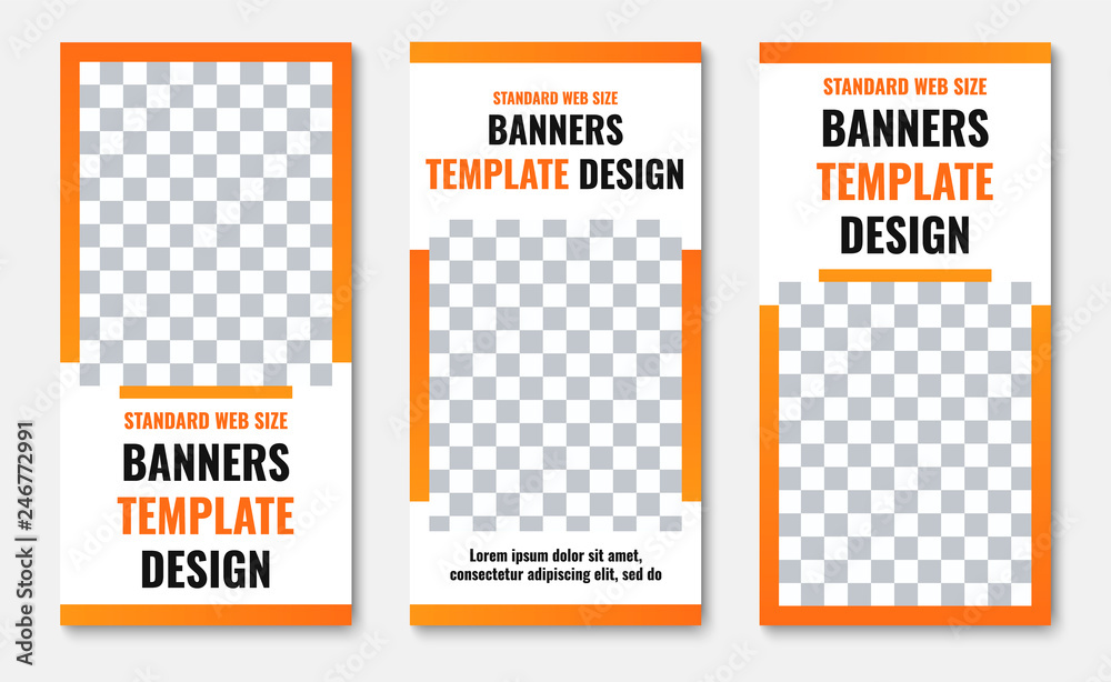 Poster design of vertical vector white banners with photo frame and orange stroke.