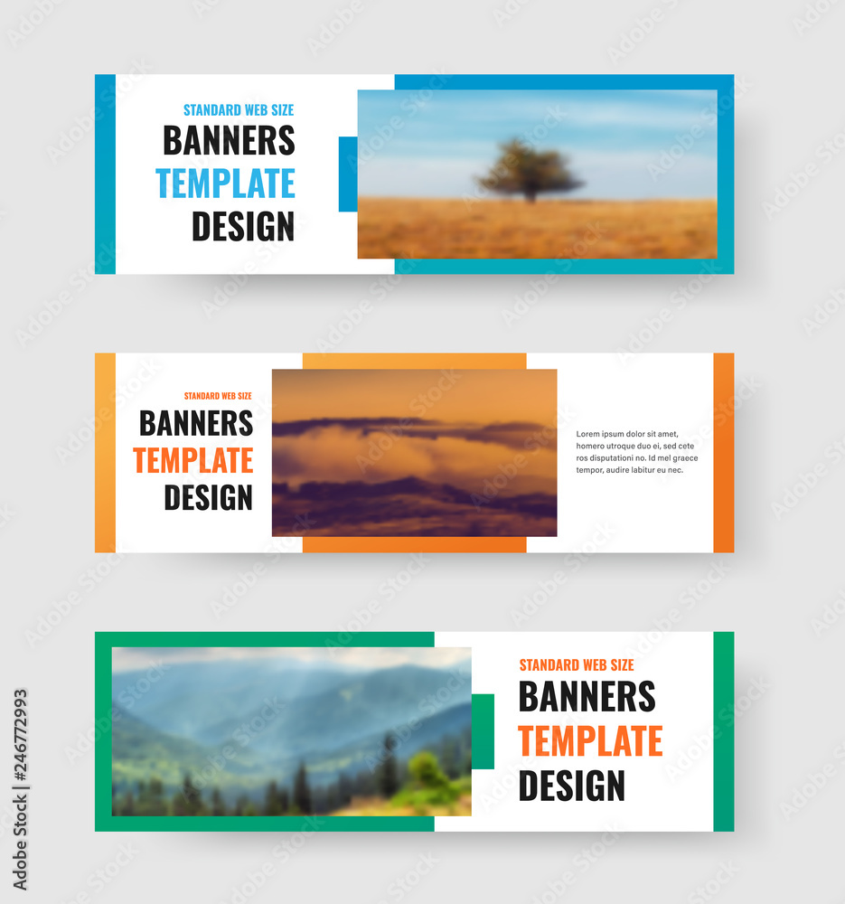 Poster Set of vector horizontal  web banners with rectangle for photo and color design elements.