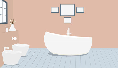Fototapeta na wymiar Provencal style bathroom with fashionable bath,toilet, bidet, toilet paper,vase with snowdrops,a window,paintings on terracotta wall.Wooden planks on floor.Vector illustration