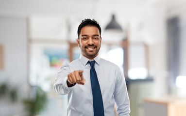 business, hiring and people concept - smiling indian businessman pointing to you in shirt with tie...