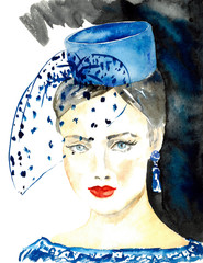 Portrait of beautiful blue eyed woman in blue handsome pillbox hat with veil, red lipstick, dark wet strokes background, hand painted watercolor illustration