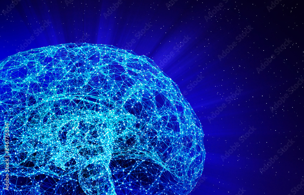 Poster digital data and network connection of human brain isolated on black background in the form of artif