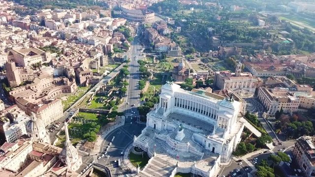 Aerial drone roatational video of iconic neoclassic building of Altar of the Fatherland - Altare della Patria, known as the national Monument to Victor Emmanuel II, Rome, Piazza Venezia, Italy