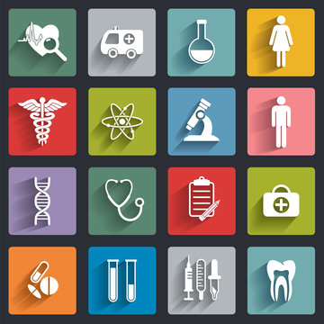 Vector medicine and health design modern flat icons. Medical  flat style symbols.