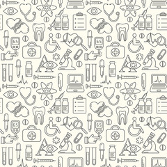 Vector medicine and health design seamless pattern with modern linear icons. Medical background with line style symbols.