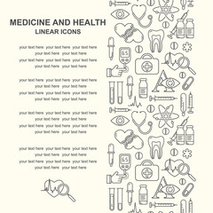 Vector medicine and health design seamless pattern with modern linear icons. Medical background with line style symbols.