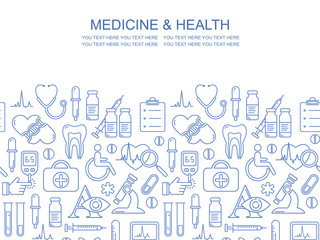 Vector medicine and health design seamless pattern with modern linear icons. Medical background with line style symbols.