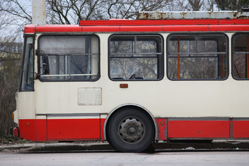 Red electric trolleybus in Vilnius Lithuania