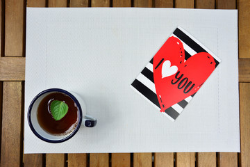 Walentynkowa kartka, herbata z zielonym listkiem