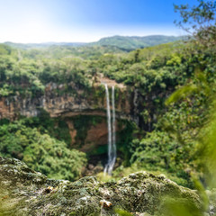 Fototapeta premium Summer background of moss and free space for your decoration. Blurred background of waterfall and green leaves. 