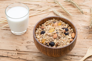 Mixed Muesli with a glass of Milk on wooden background