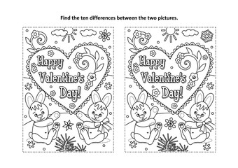 Valentine's Day find the ten differences picture puzzle and coloring page with Happy Valentine's Day greeting text and two cute little bunnies
