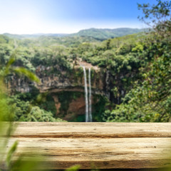 Table background of free space and big waterfall 