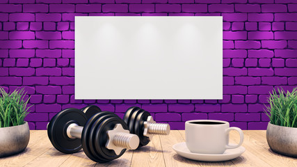 Two Dumbbells and a cup of coffee on a wooden table. Mosk up Poster on the purple brick wall. 3d illustration