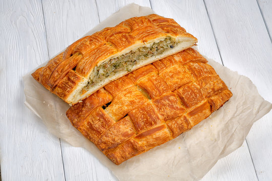 Fresh cabbage and mushrooms pie, look with a side.