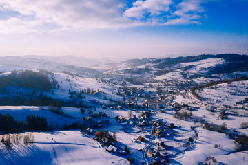 Winter scenery in Silesian Beskids mountains. View from above. Landscape photo captured with drone....