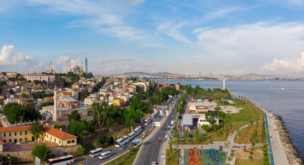 Fototapeta premium Aerial view on Sultanahmet district with the Blue Mosque and Hagia Sophia in Istanbul