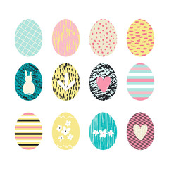 Easter eggs collection with hand drawn textures and decoration elements, florals, heart, bonny. Blue, yellow, pink, pastel colors
