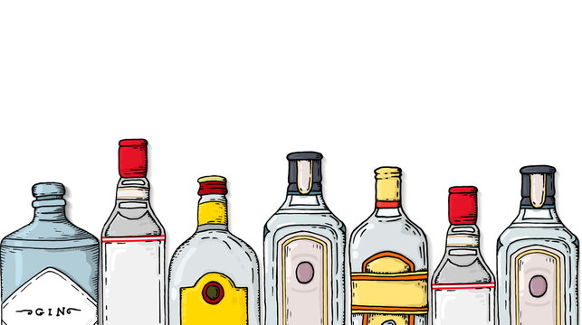 Vector Illustration with Gin Bottles Collection Sketch Style