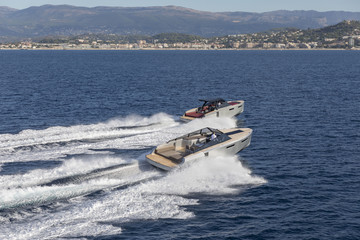 luxury motor boat, aerial view 