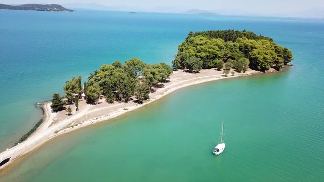 Aerial drone view video of iconic medieval castle in picturesque city of Vonitsa, Amvrakikos bay, Etoloakarnania, Greece