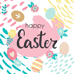 Happy Easter hand written lettering words and cute floral adorable banner with flowers, eggs, leaves and hand drawn textures on background